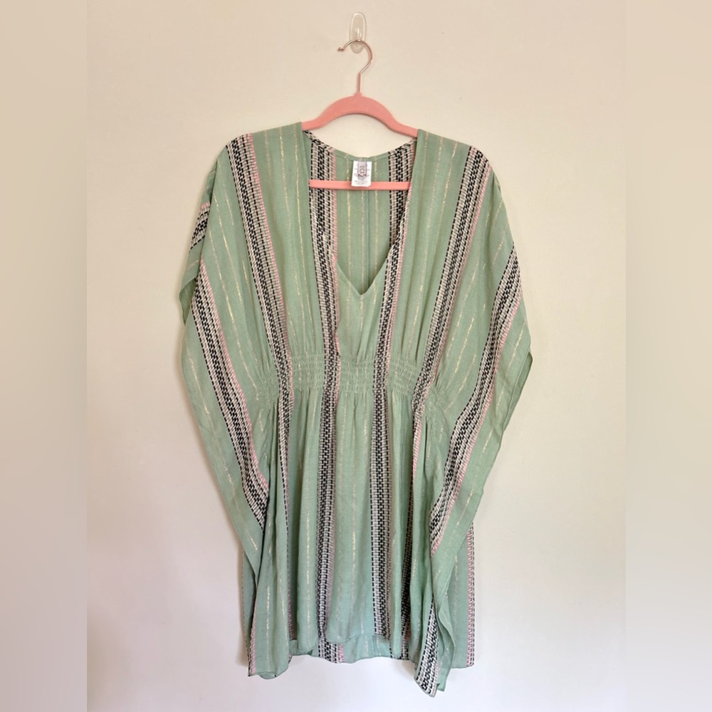 BECCA Radiance Woven Stripe Tunic Rayon Metallic Swim Cover Sage Size M/L - Picture 3 of 8